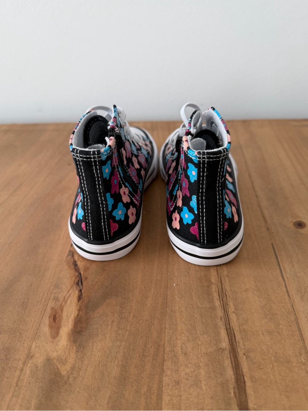 Kids High-Top Floral Canvas Sneakers - Black with Pink & Blue Flowers - Picture 4 of 6